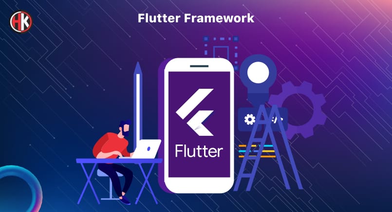 A developer working on the laptop and flutter logo on mobile 