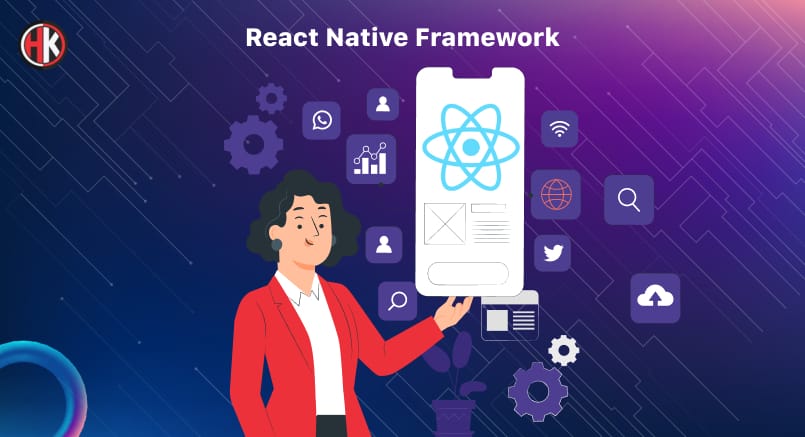 Developer in red blazer and a react native logo on mobile 