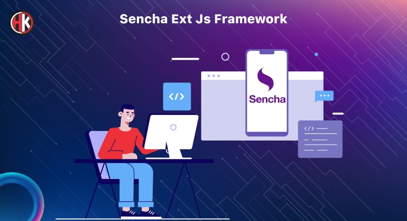 A developer working on computer and sencha framework logo on mobile 