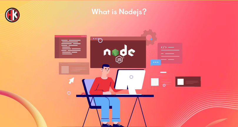 A boy in full sleeve red t-shirt and light blue trouser working  on a white desktop with nodejs logo
