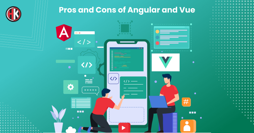 Two Developers in red tshirt creating the application on angular and vue frameworks 