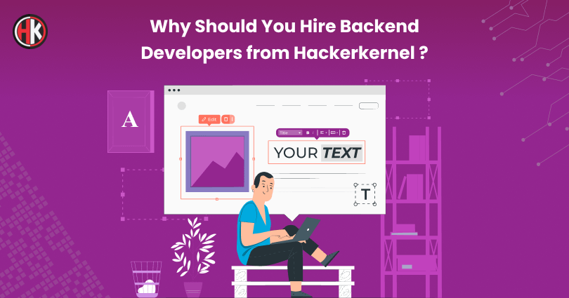 Backend developer in a light blue t-shirt with laptop and your text on screen 
