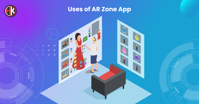 A girl in white t-shirt  standing and utilize the makeup feature of AR  zone application