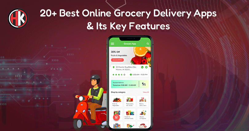 A delivery boy in light green t-shirt driving red scooter and grocery delivery app on mobile phone
