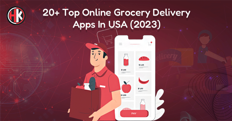 A delivery boy in red t-shirt holding a bag of grocery and a mobile phone