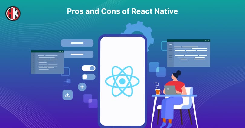 A mobile display the React native logo and developer sit with a cup of hot coffee