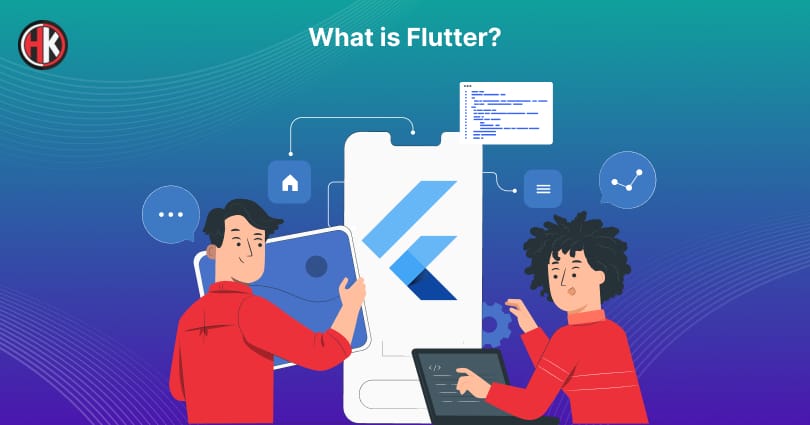 Two developers with laptop and flutter logo on mobile with many codes