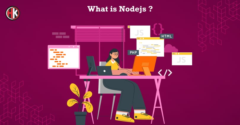 Female Developer working in Node.js and java framework on her desktop