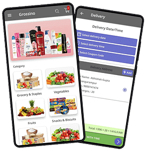 A mobile shows the different grocery, vegetables options on e-commerce app