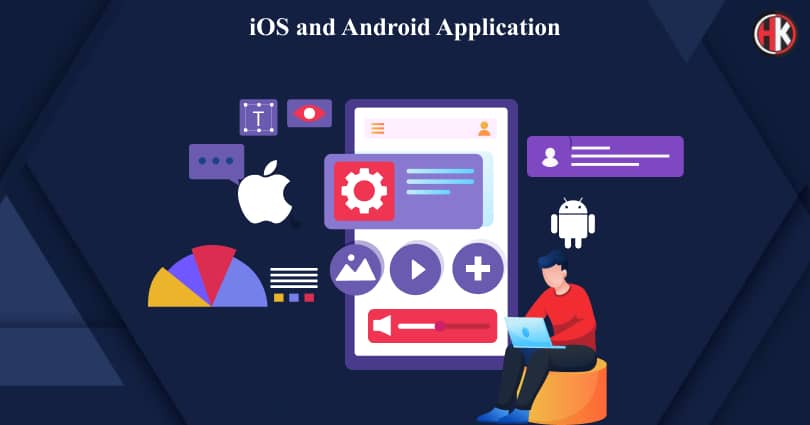 Developers with laptop and mobile application features 